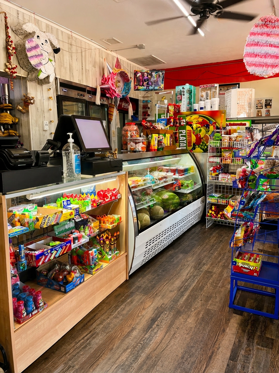 Interior de Angie's Frutería: vitrina de frutas, dulcería mexicana y piñatas colgando del techo.